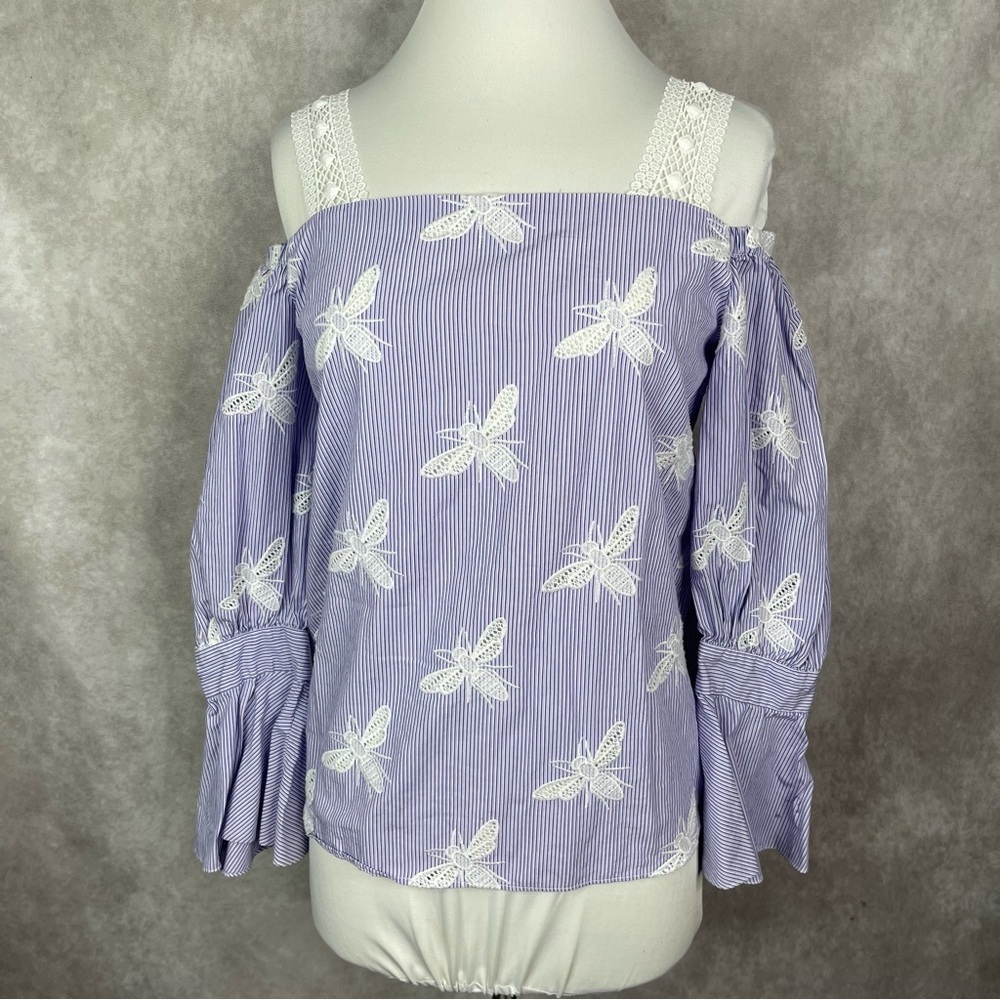 SANDRO Ashley Lace Bee Embroidered Motif Cold-Shoulder Top In Blue Size 1/S‎